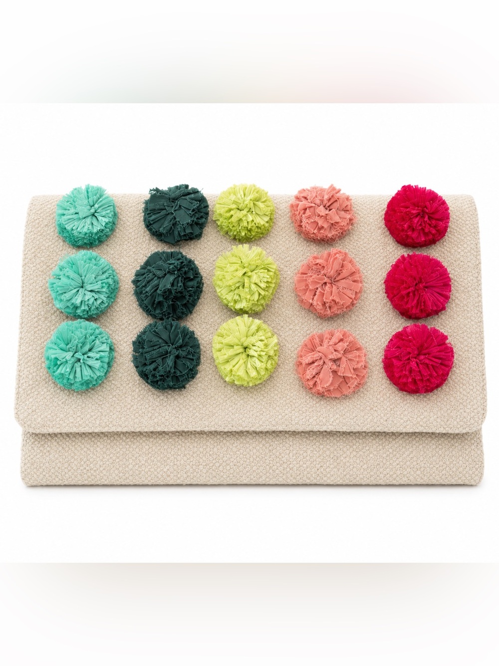Stella & Dot Neutral Fold-Over Clutch with Multi Pom Poms